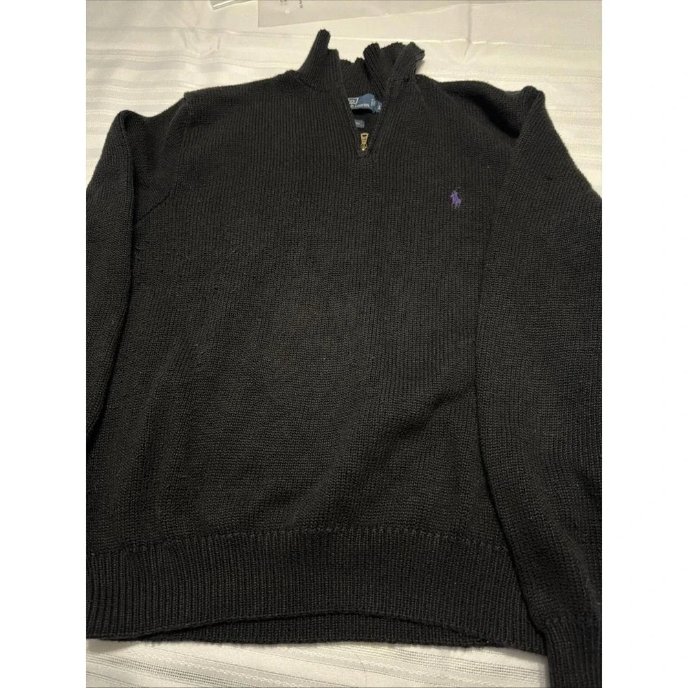 Polo Ralph Lauren Mens Large Black 100% Cotton Quarter Zip Sweater Purple Pony
